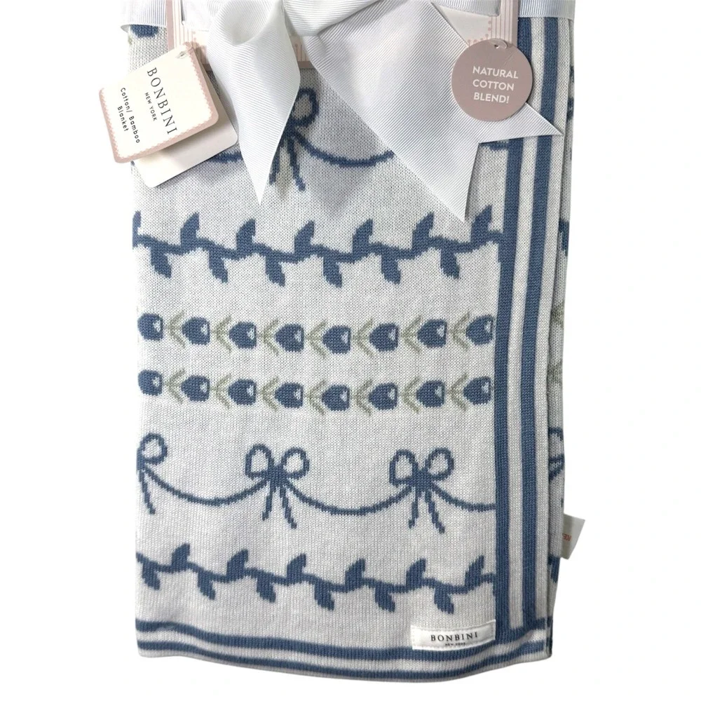 BONBINI New York Cotton Bamboo Baby Blanket Blue Floral Bow Knit 0-6 Months